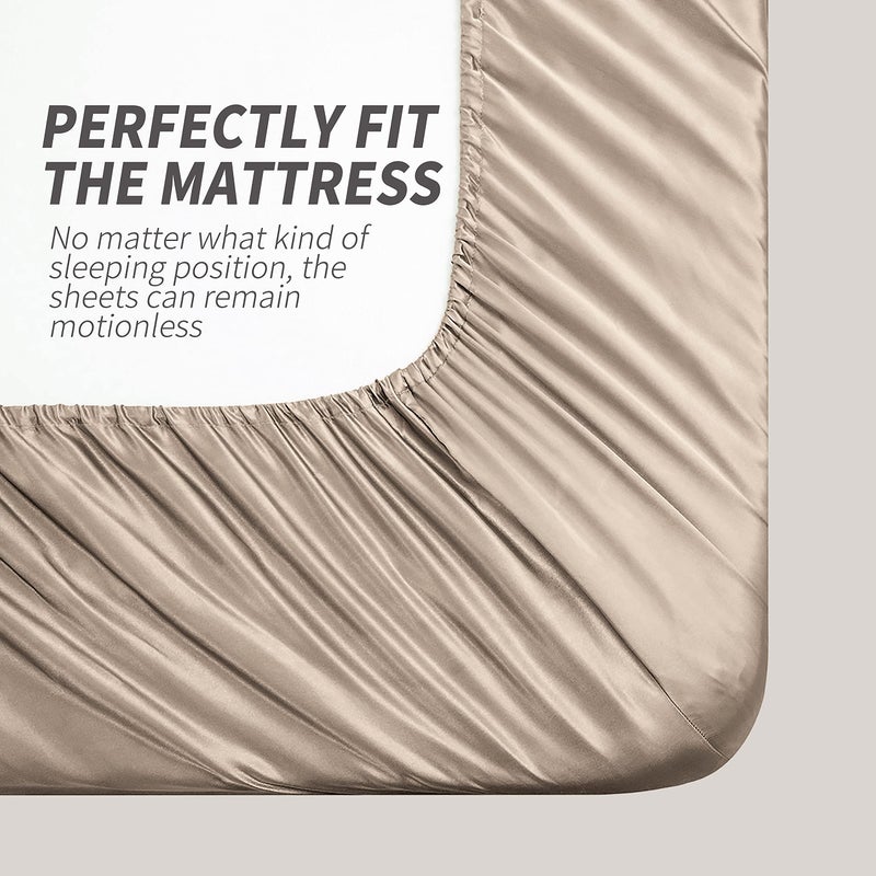 Cobedzy 4 Piece Luxury Queen Sheet Set, Taupe Satin Sheet Set, Soft Silky Bed Sheets Queen Set with 1 Deep Pocket Fitted Sheet 1 Flat Sheet 2 Satin Pillowcases - Image 5